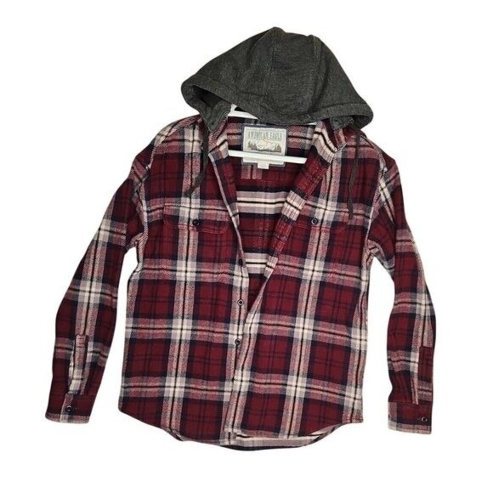 American Eagle flannel hooded shacket Red Small Y2K